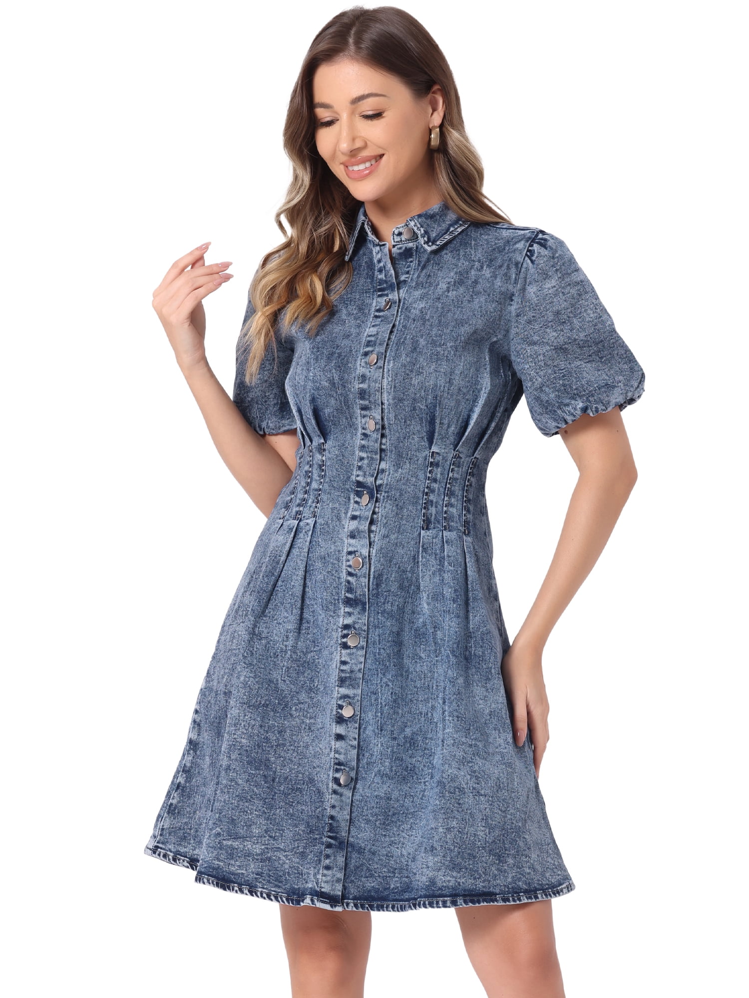 DARING DIVA Denim Puff Sleeve Collared Button Down Dress S Gray Blue