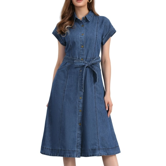 DARING DIVA Denim Shirt Button Down Short Sleeves  Dress L Dark Blue