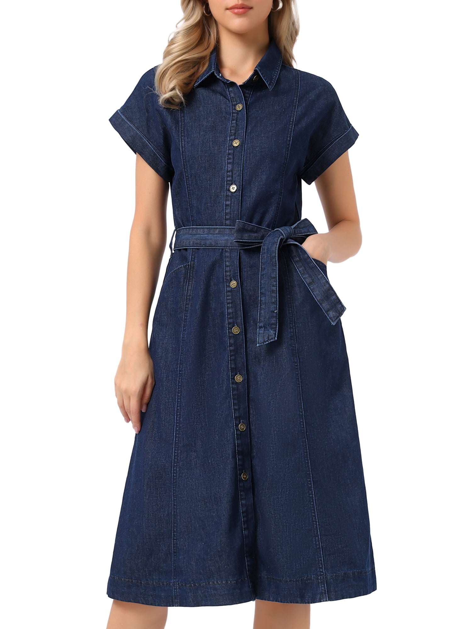 DARING DIVA Denim Shirt Button Down Short Sleeves  Dress Small Black Blue