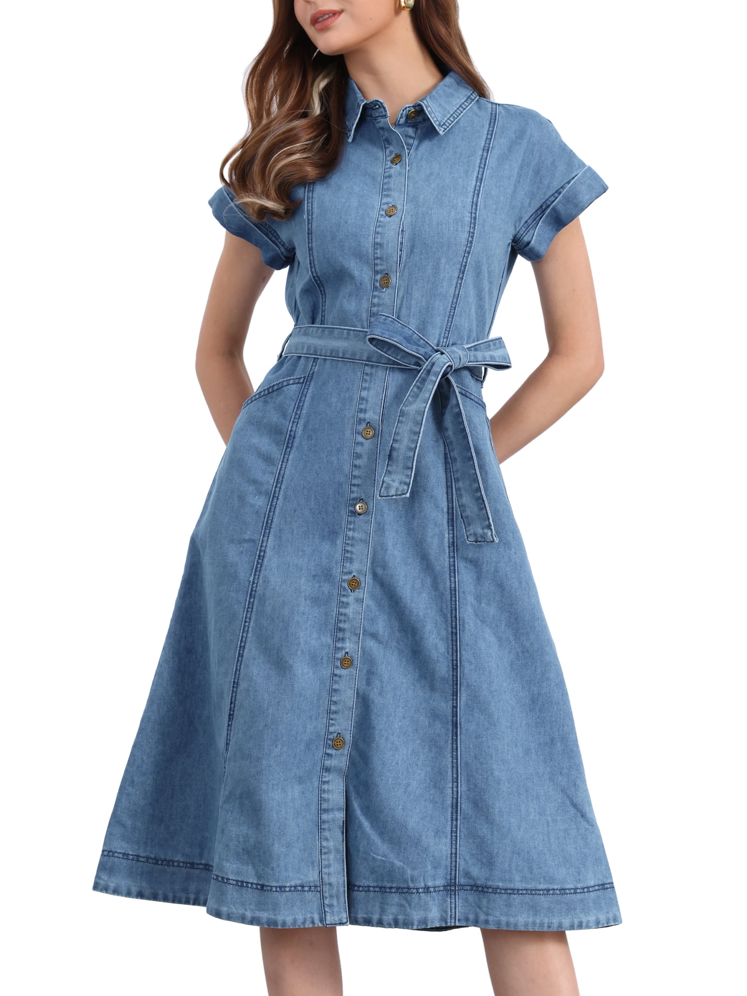 DARING DIVA Denim Shirt Button Down Short Sleeves  Dress XS Light Blue