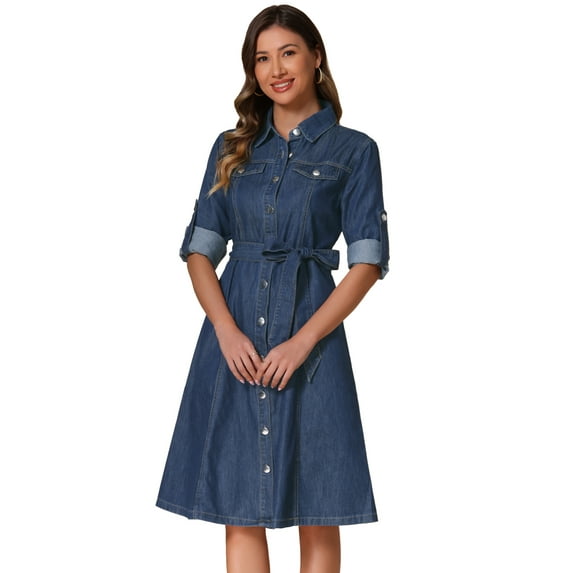 DARING DIVA Denim Shirt Dress Long Sleeve Belted Dress L Dark Blue