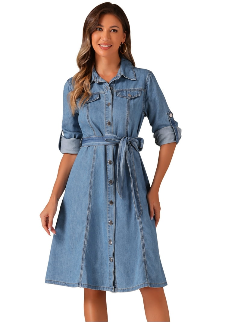 DARING DIVA Denim Shirt Dress Long Sleeve Belted Dress XL Light - Main Image