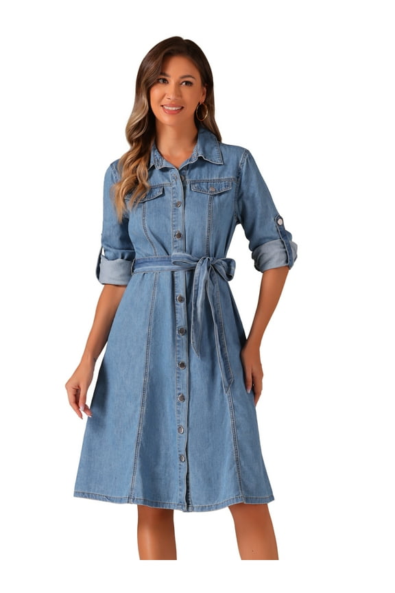 Denim Shirt Dress Long Sleeve Belted Dress XL Light Blue