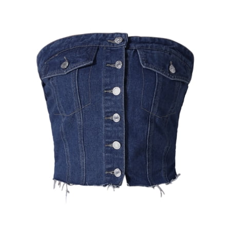 DARING DIVA Denim Tube Button Front Raw Hem Crop Strapless Bandeau Top L Dark Blue