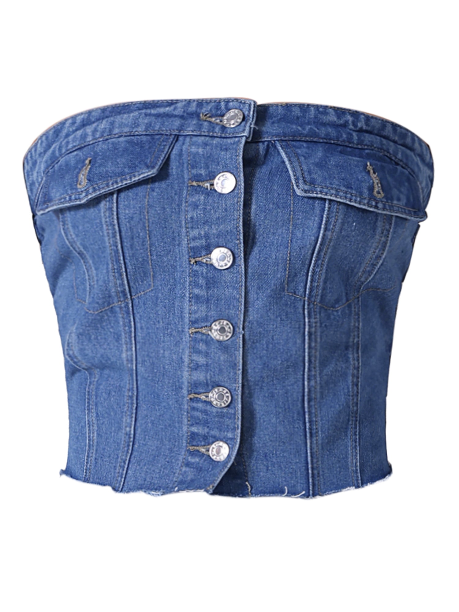 DARING DIVA Denim Tube Button Front Raw Hem Crop Strapless Bandeau Top M Blue
