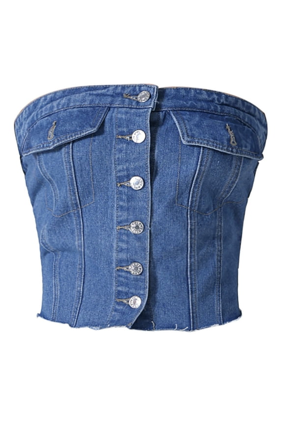 Denim Tube Button Front Raw Hem Crop Strapless Bandeau Top M Blue