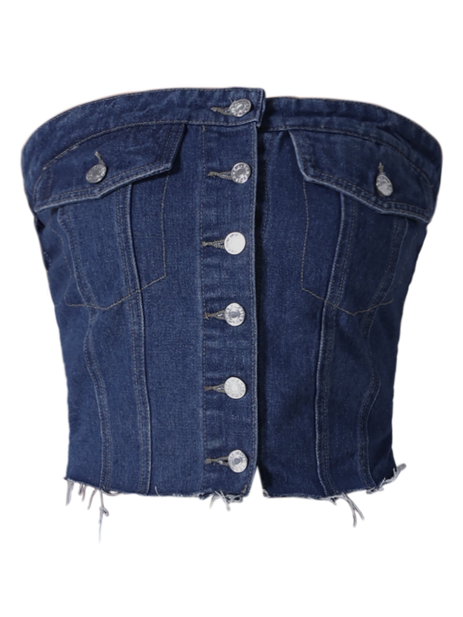 DARING DIVA Denim Tube Button Front Raw Hem Crop Strapless Bandeau Top S Dark Blue