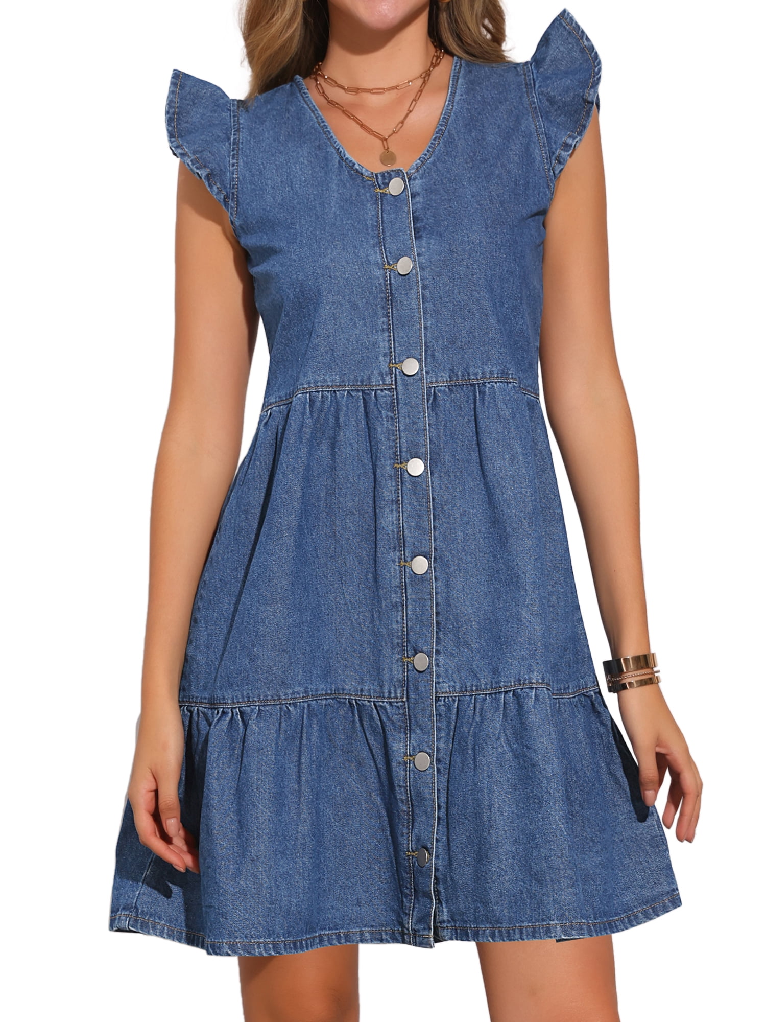 DARING DIVA Denim V Neck Cap Sleeve Button Down A Line Dress S Blue