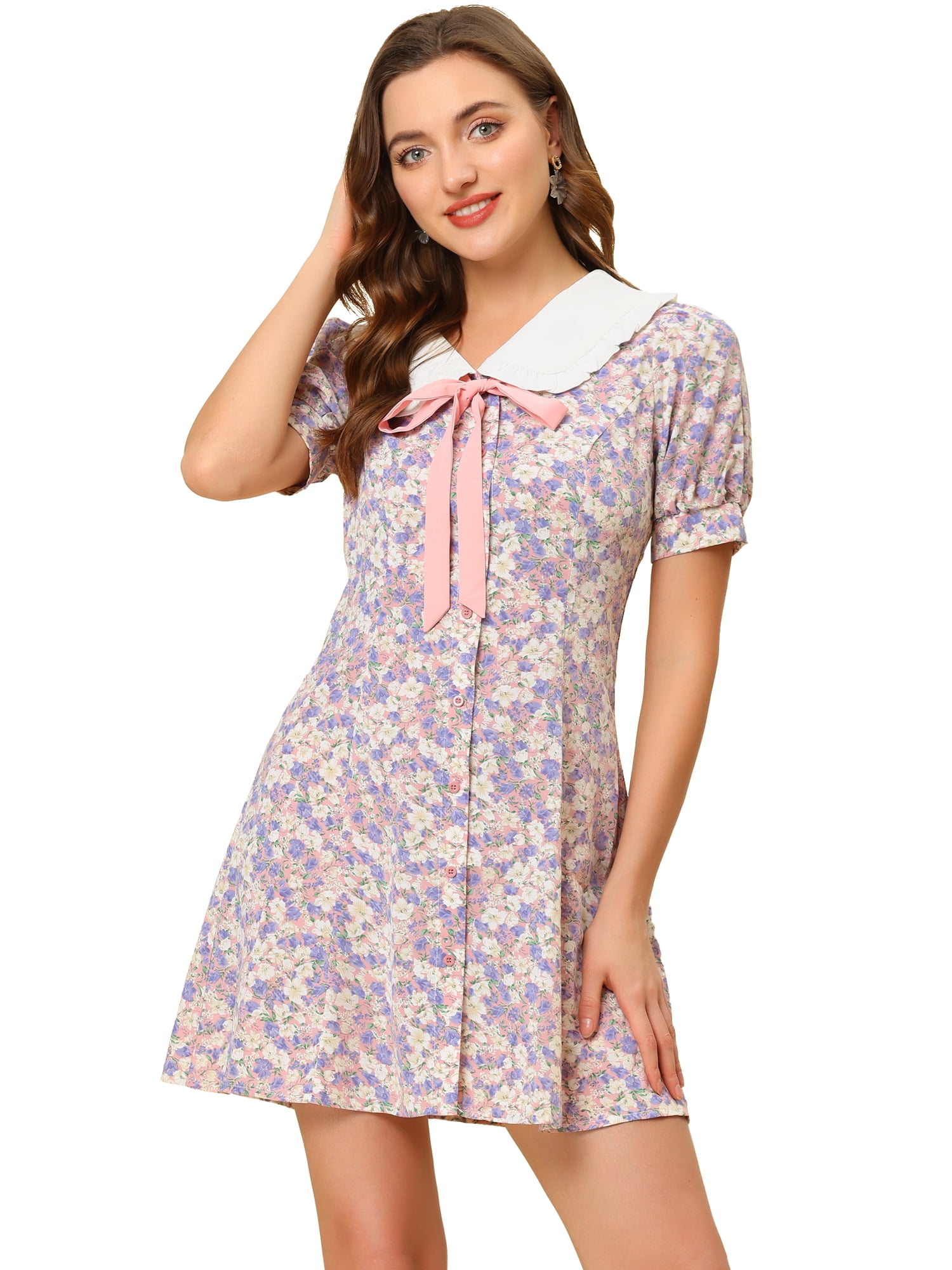 DARING DIVA Doll Collar Floral Bow Tie Short Sleeve A-line Dresses S Pink