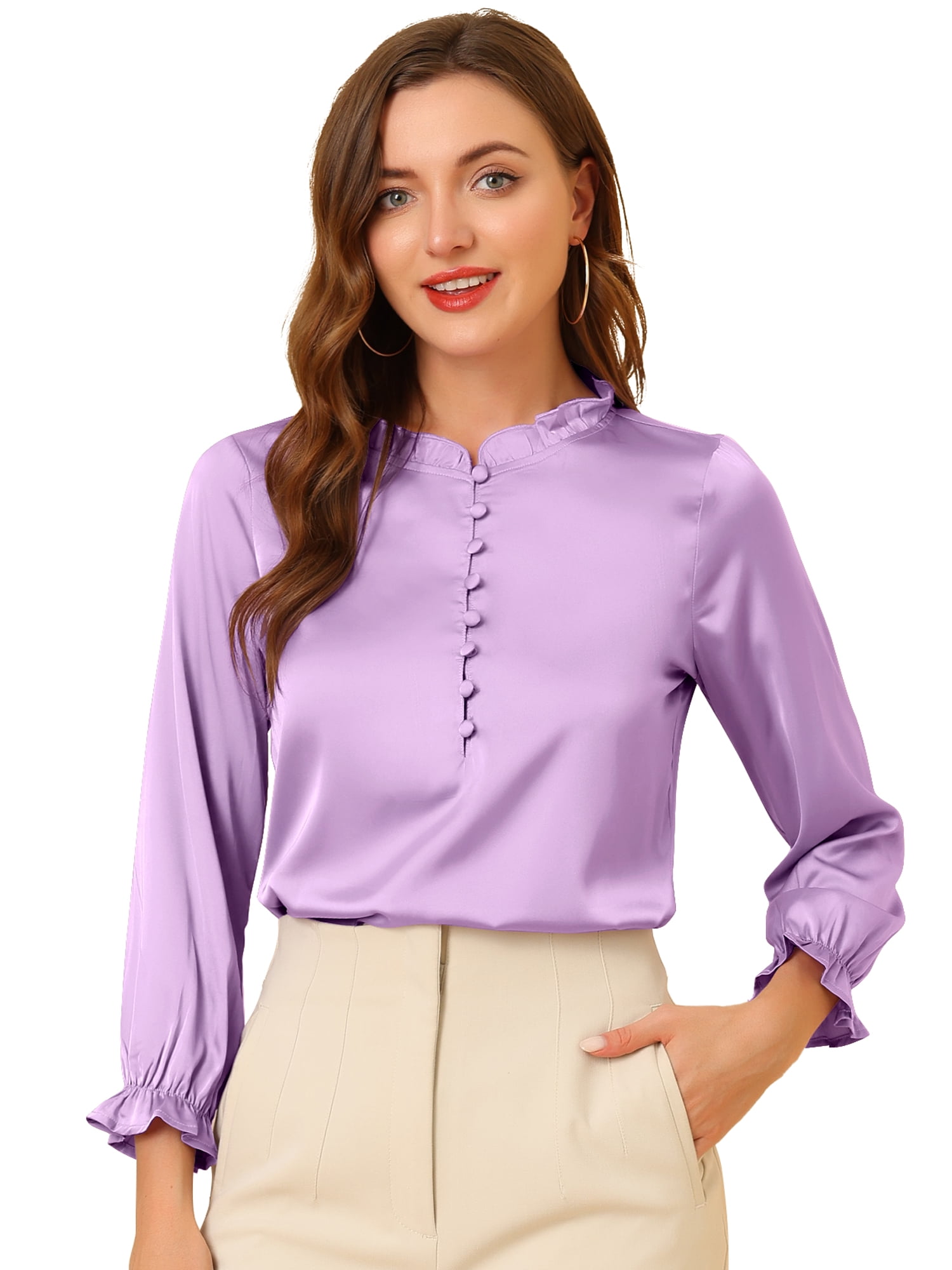 DARING DIVA Elastic Cuff Button Work Office Blouse M Lavender