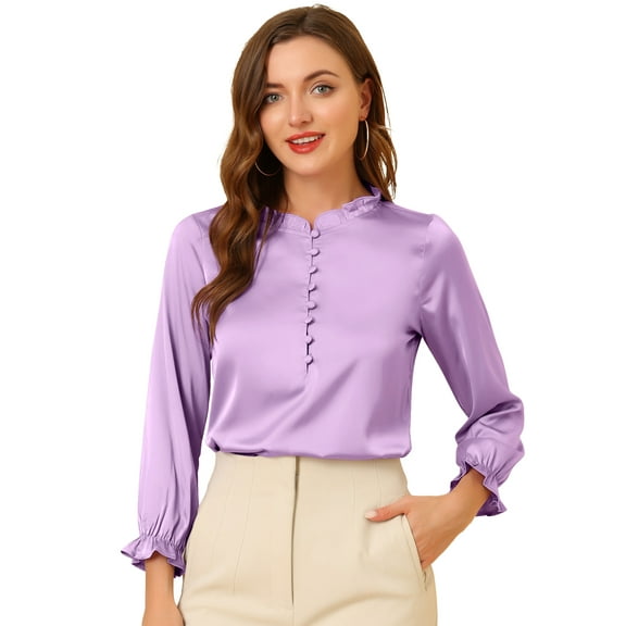 DARING DIVA Elastic Cuff Button Work Office Blouse M Lavender