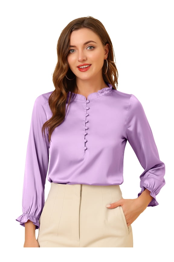 Elastic Cuff Button Work Office Blouse XL Lavender