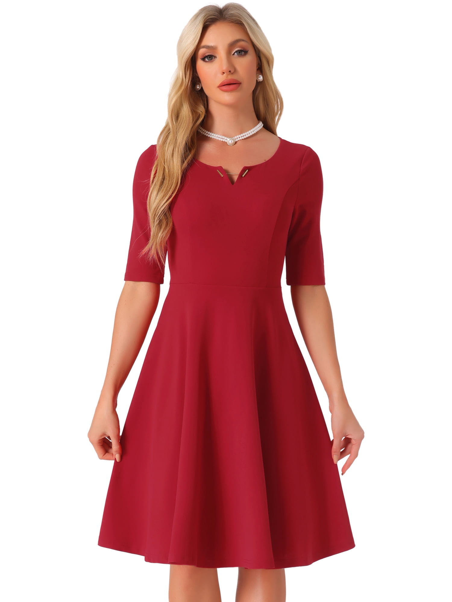 DARING DIVA Elegant A-Line Work Casual Midi Dress M Red