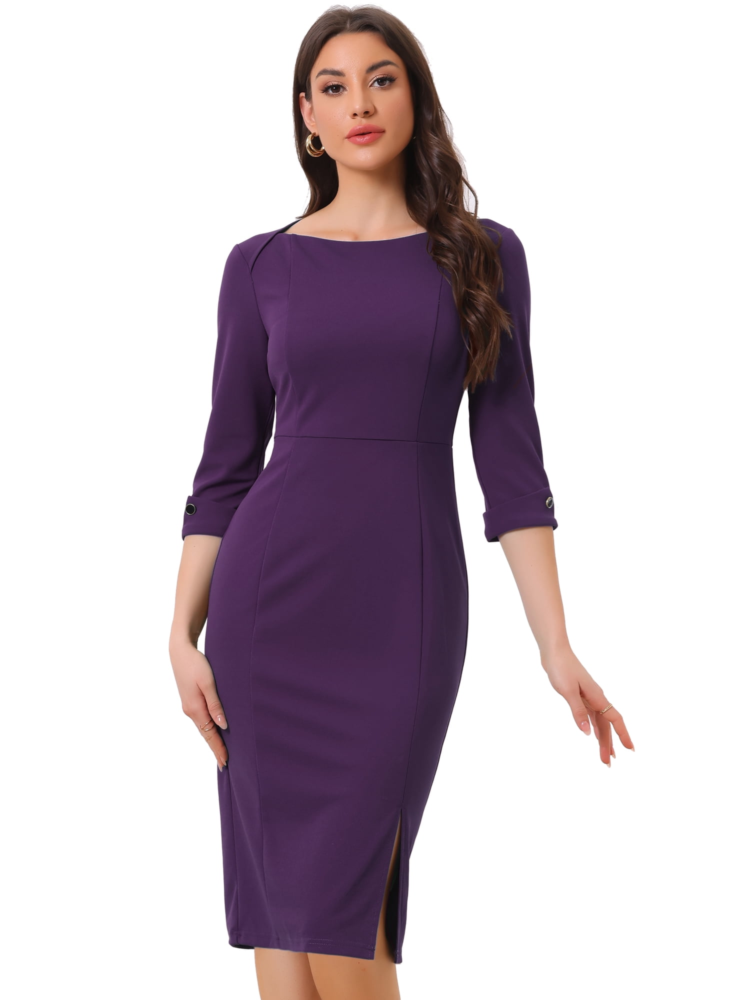 DARING DIVA Elegant Boat Neck 3/4 Sleeves Midi Split Sheath Dress L Purple
