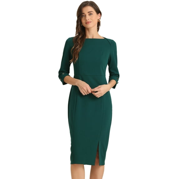 DARING DIVA Elegant Boat Neck 3/4 Sleeves Midi Split Sheath Dress S Deep Green