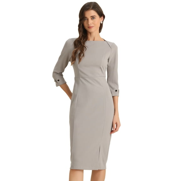 DARING DIVA Elegant Boat Neck 3/4 Sleeves Midi Split Sheath Dress S Grey