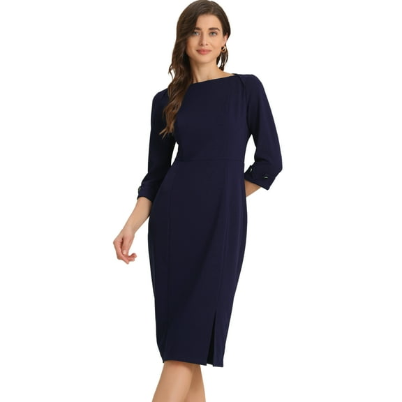 DARING DIVA Elegant Boat Neck 3/4 Sleeves Midi Split Sheath Dress S Navy Blue
