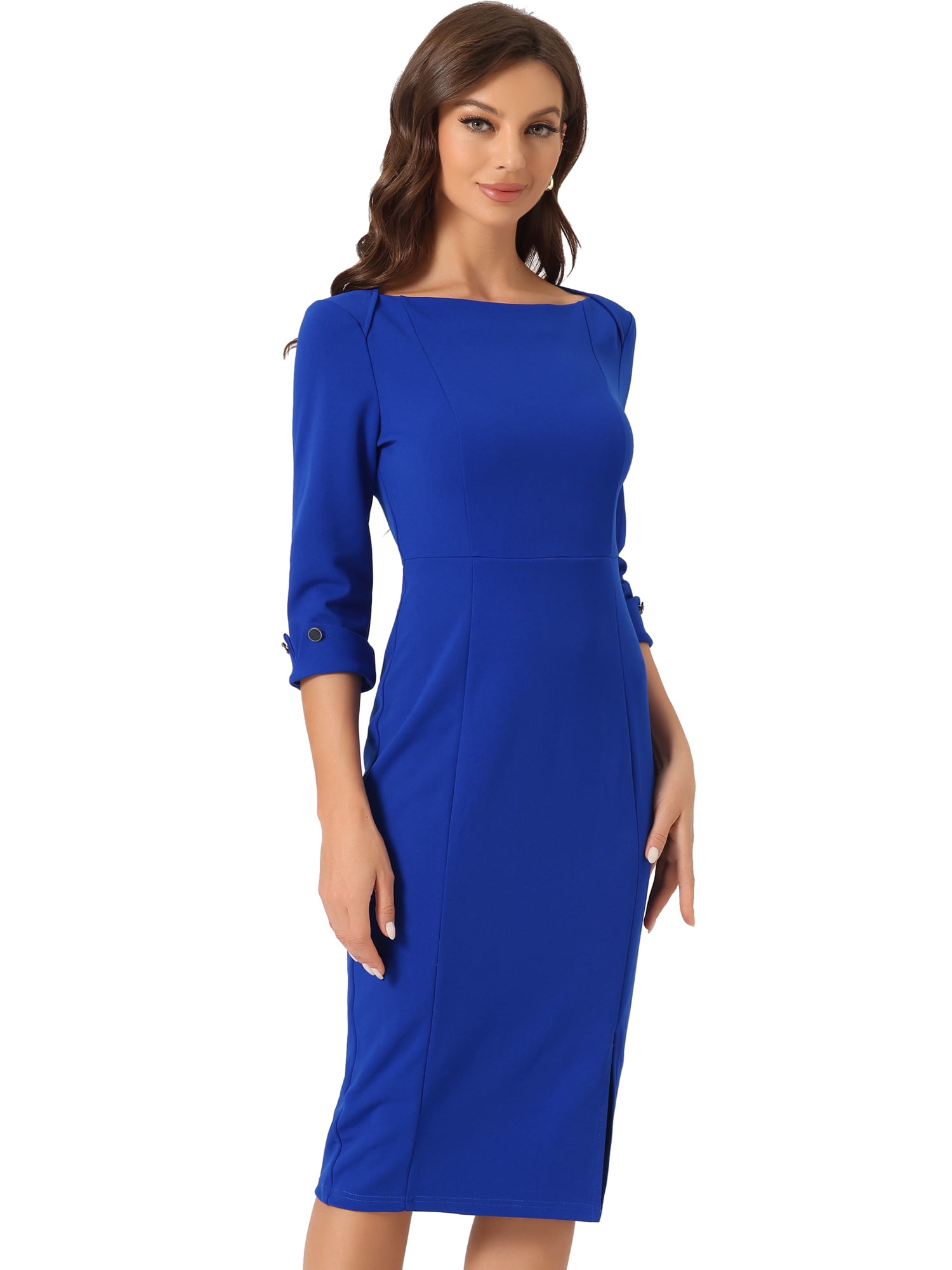 DARING DIVA Elegant Boat Neck 3/4 Sleeves Midi Split Sheath Dress S Royal Blue
