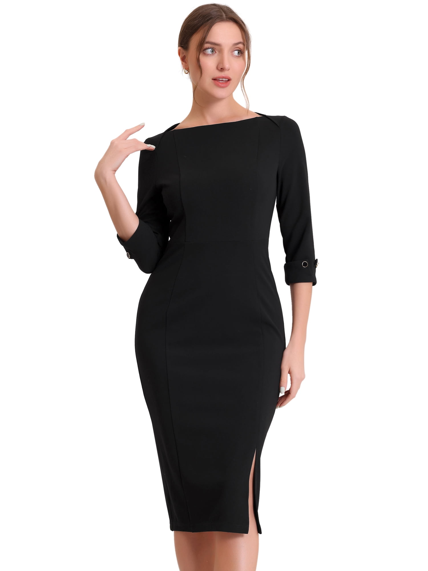 DARING DIVA Elegant Boat Neck 3/4 Sleeves Midi Split Sheath Dress XL Black