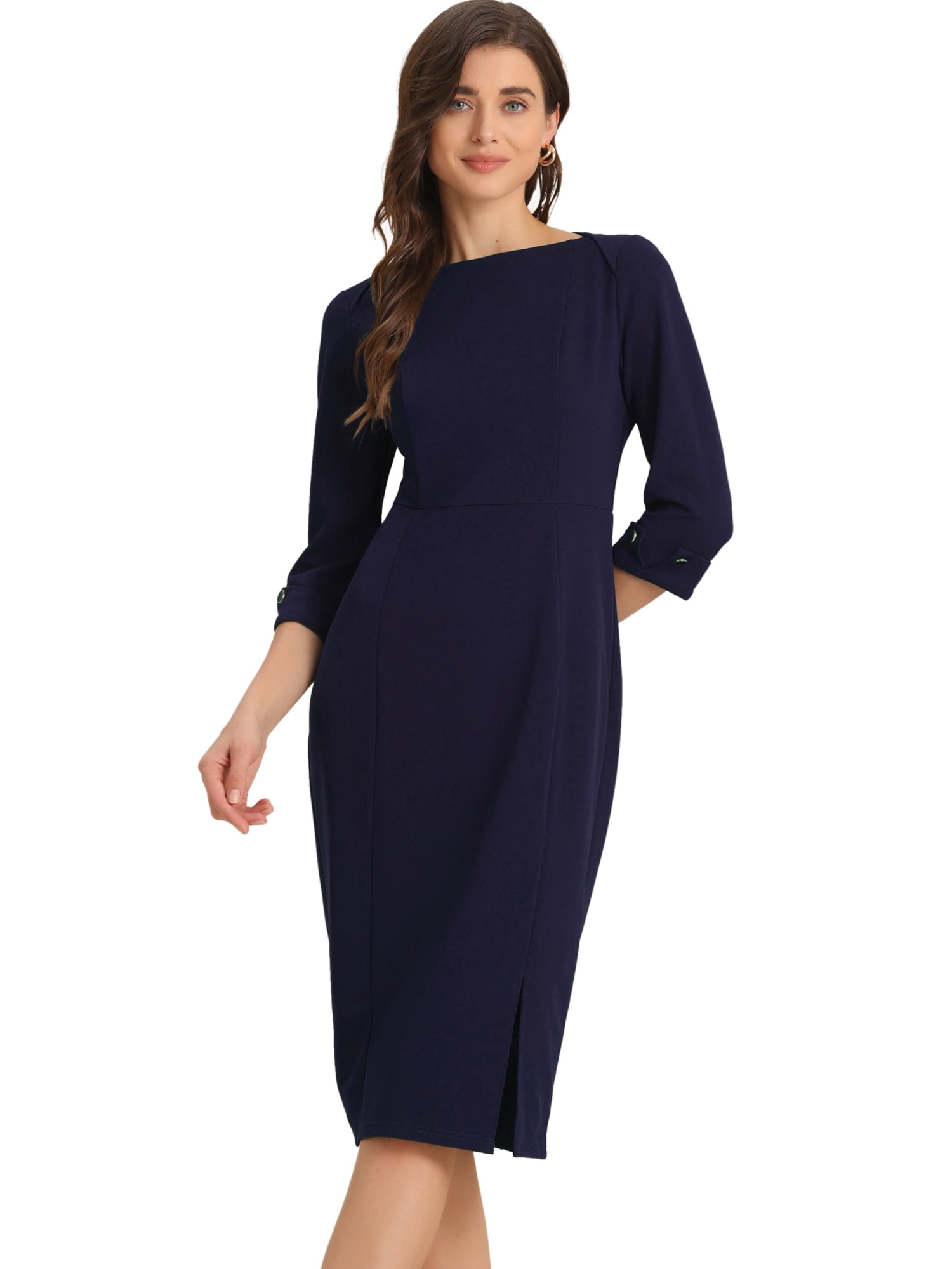 DARING DIVA Elegant Boat Neck 3/4 Sleeves Midi Split Sheath Dress XL Navy Blue