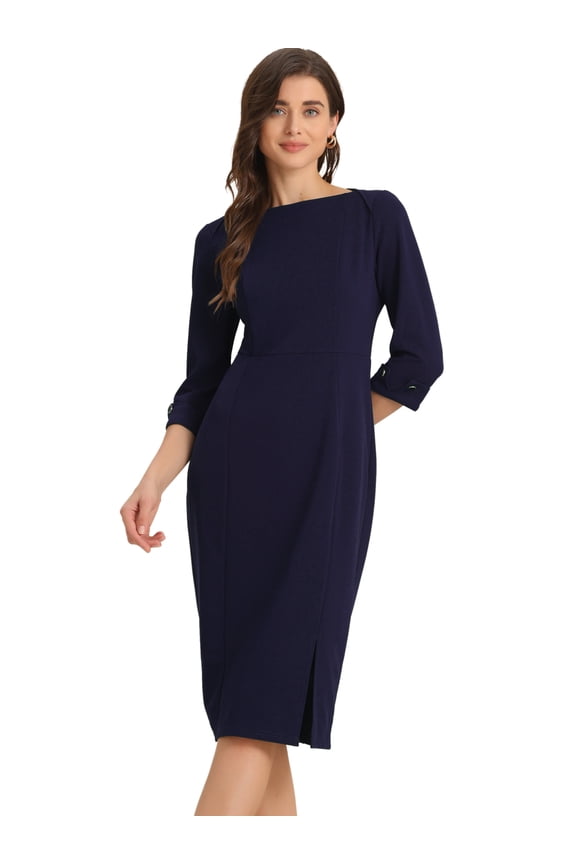 Elegant Boat Neck 3/4 Sleeves Midi Split Sheath Dress XL Navy Blue