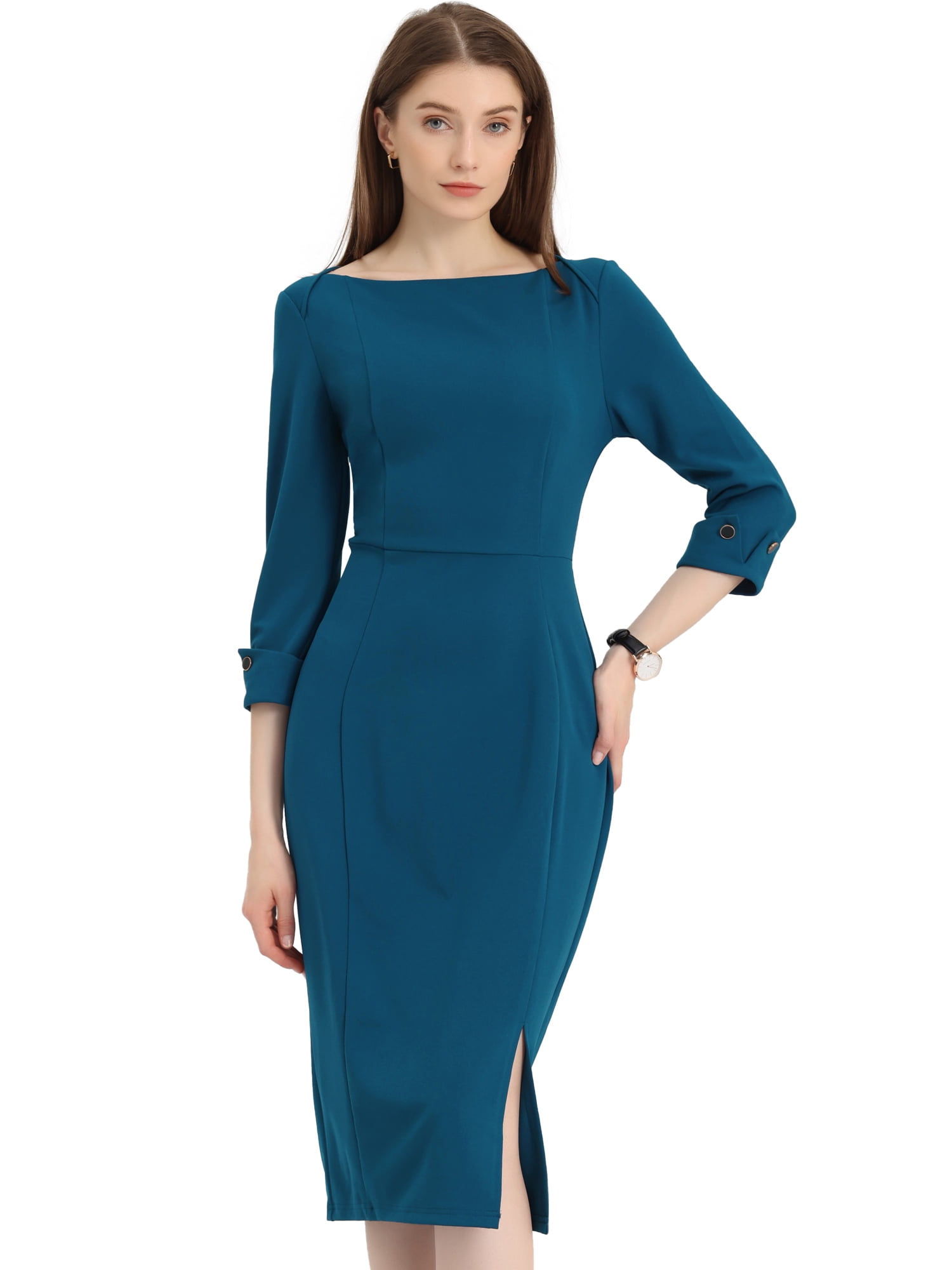 DARING DIVA Elegant Boat Neck 3/4 Sleeves Midi Split Sheath Dress XS Lake Blue