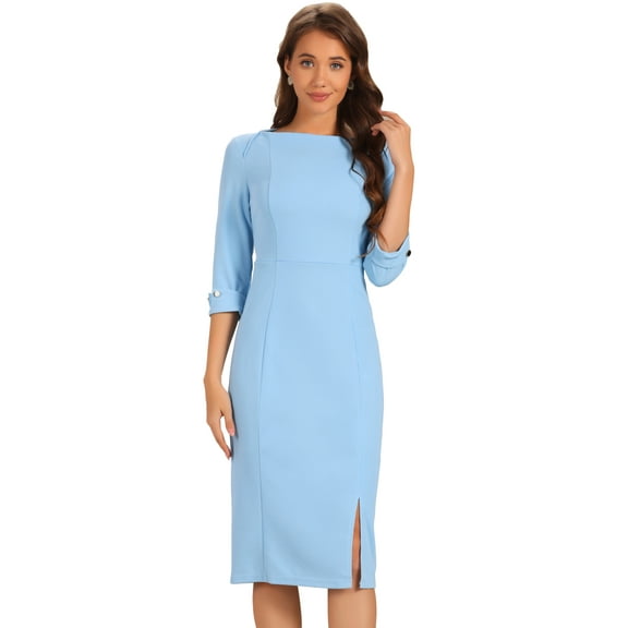 DARING DIVA Elegant Boat Neck 3/4 Sleeves Midi Split Sheath Dress XS Sky Blue