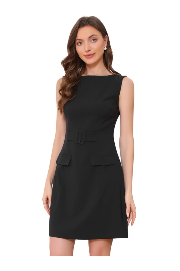 Elegant Boat Neck Sleeveless A Line Dress L Black