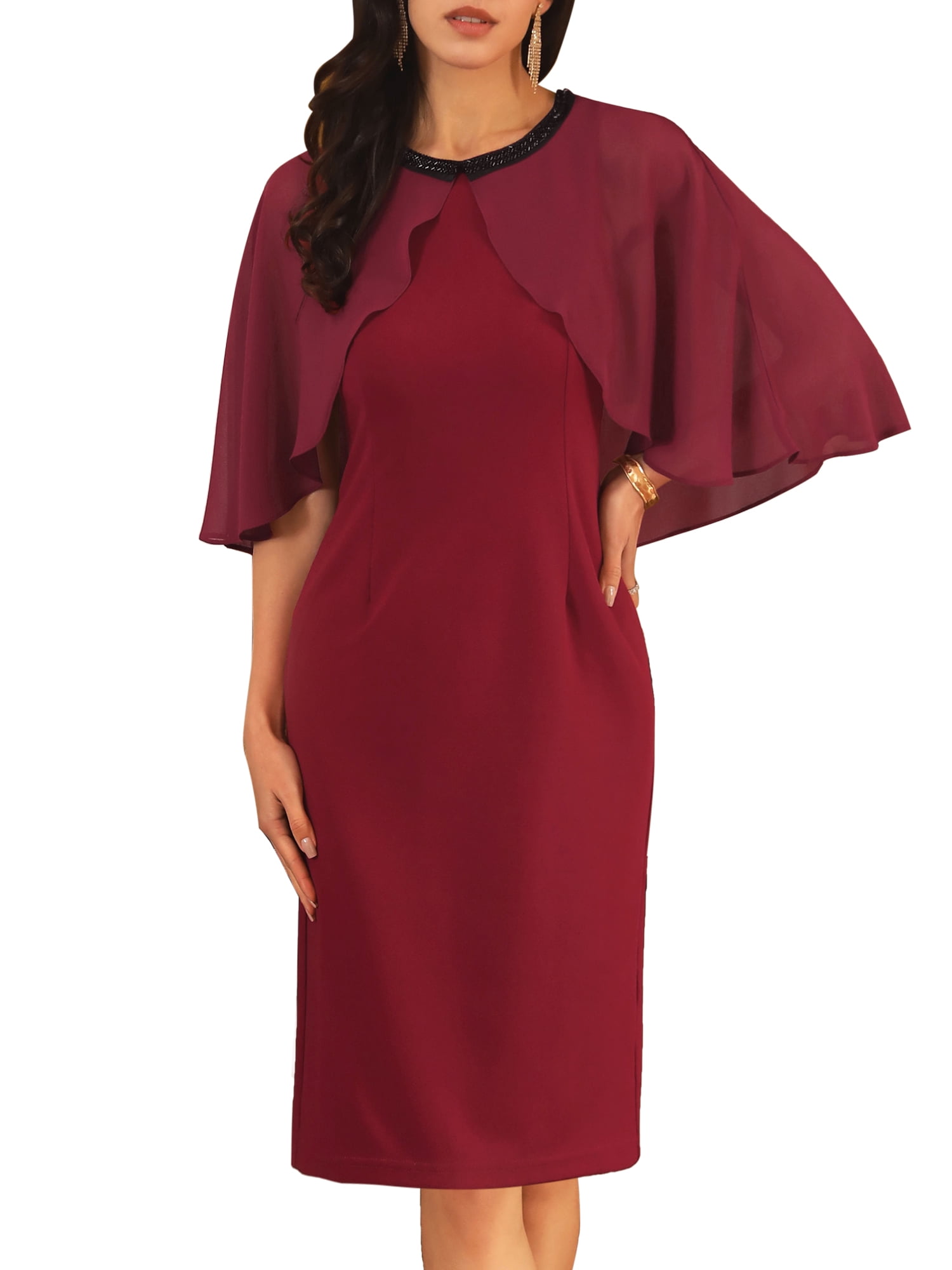 DARING DIVA Elegant Chiffon Cape Beaded Neckline Dress M Burgundy