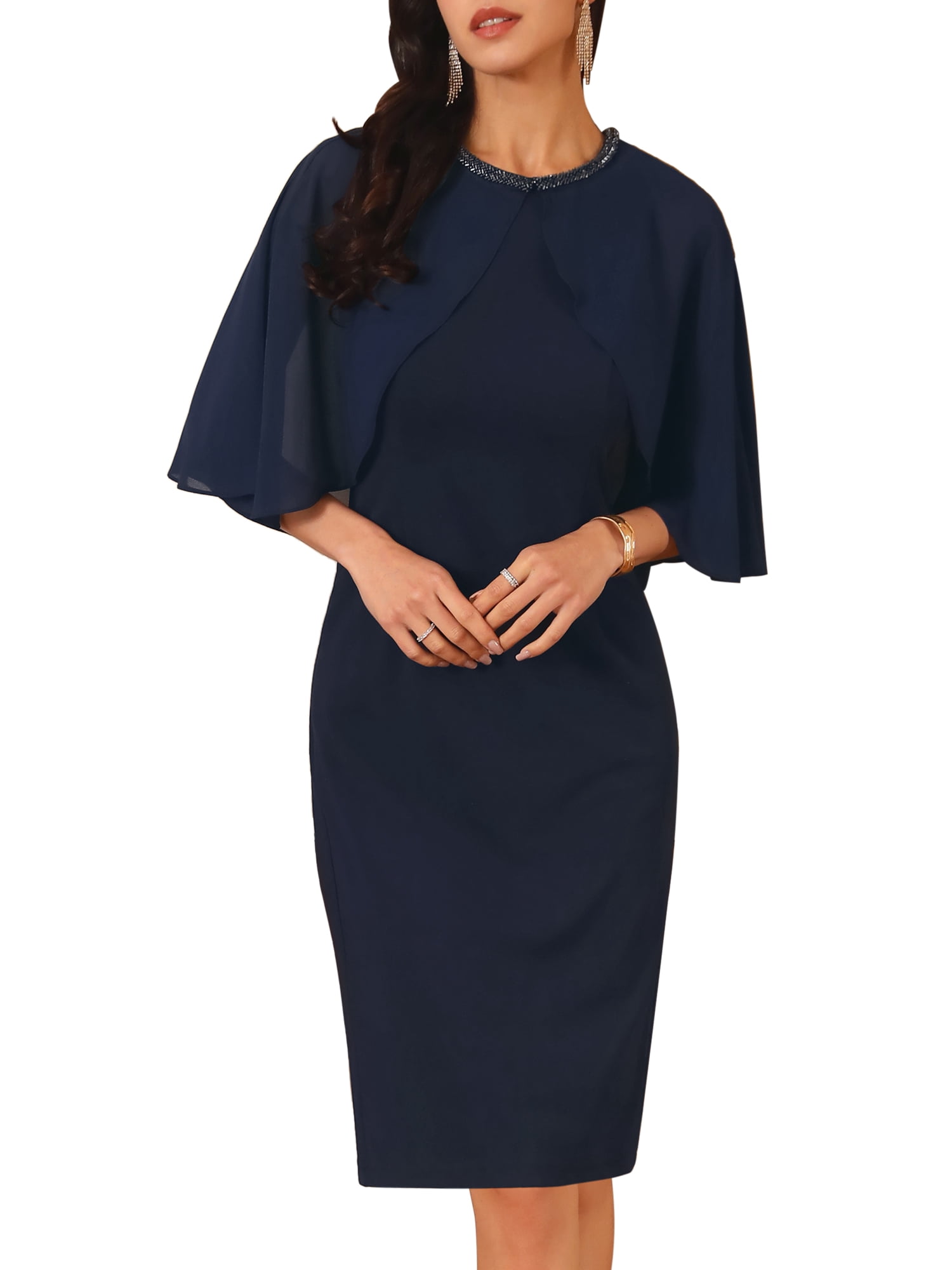 DARING DIVA Elegant Chiffon Cape Beaded Neckline Dress XL Navy Blue