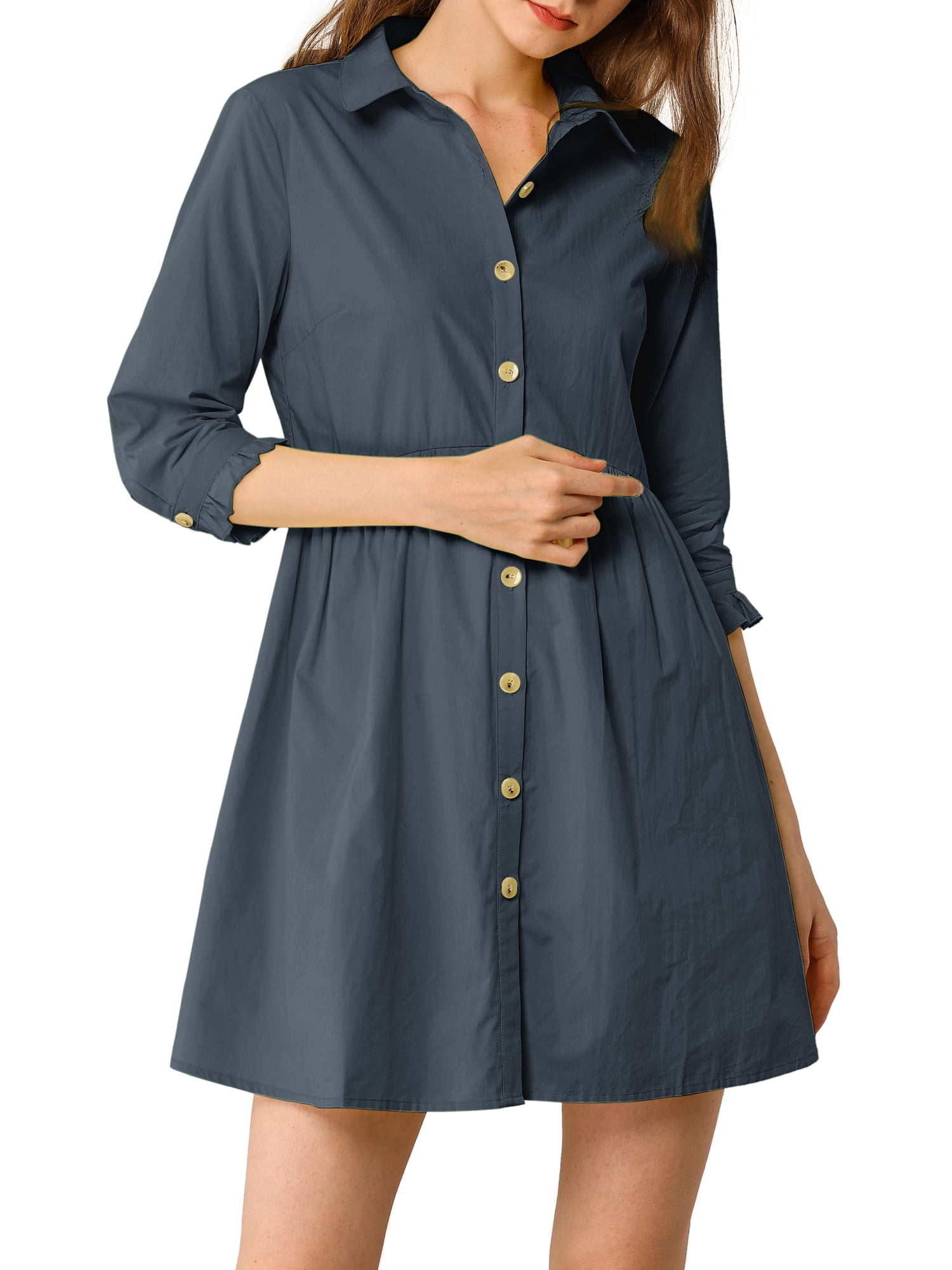 DARING DIVA Elegant Collar Flare 3/4 Sleeve Button Mini Shirt Dress L Dark Blue