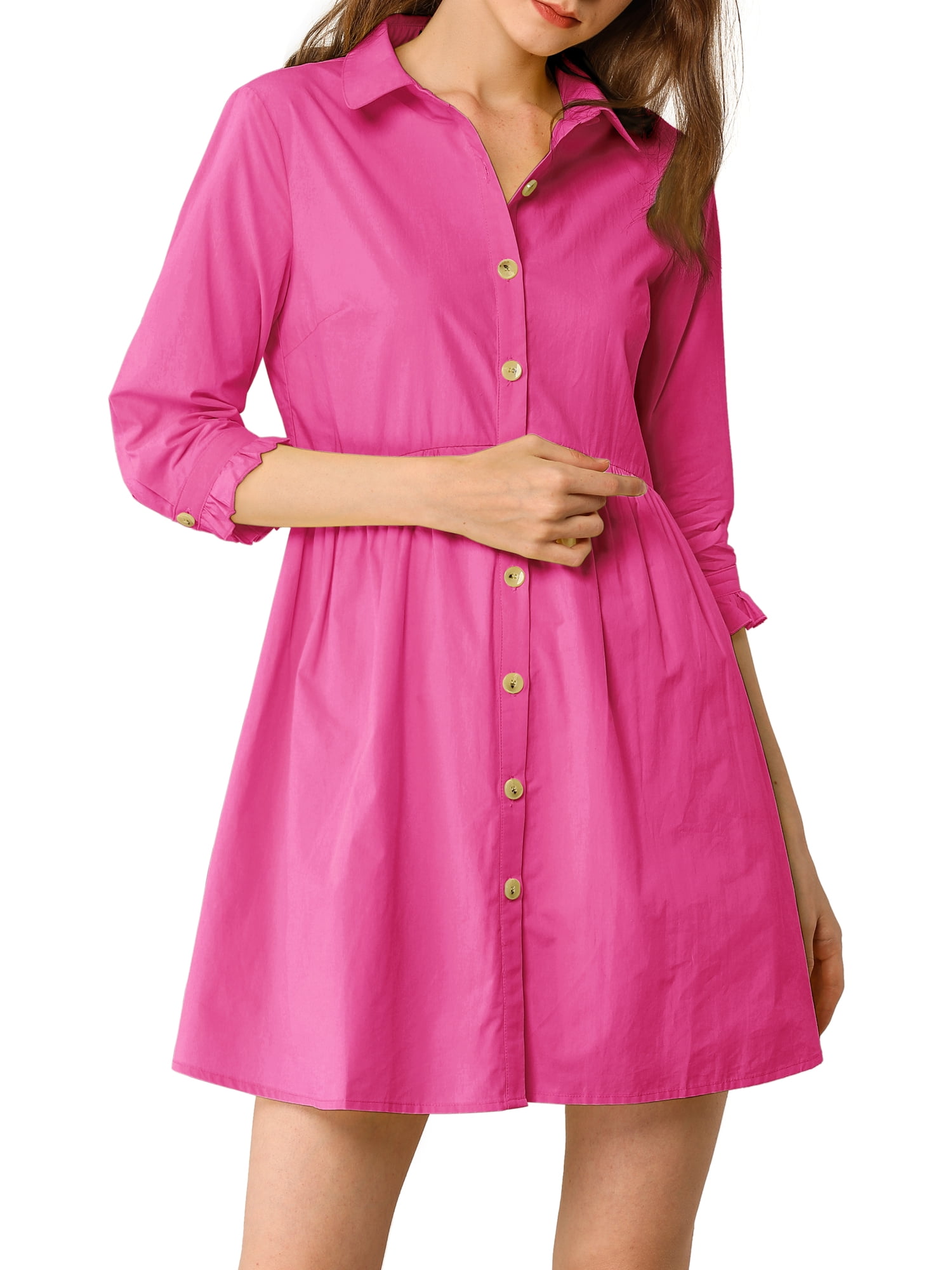 DARING DIVA Elegant Collar Flare 3/4 Sleeve Button Mini Shirt Dress L Fuchsia