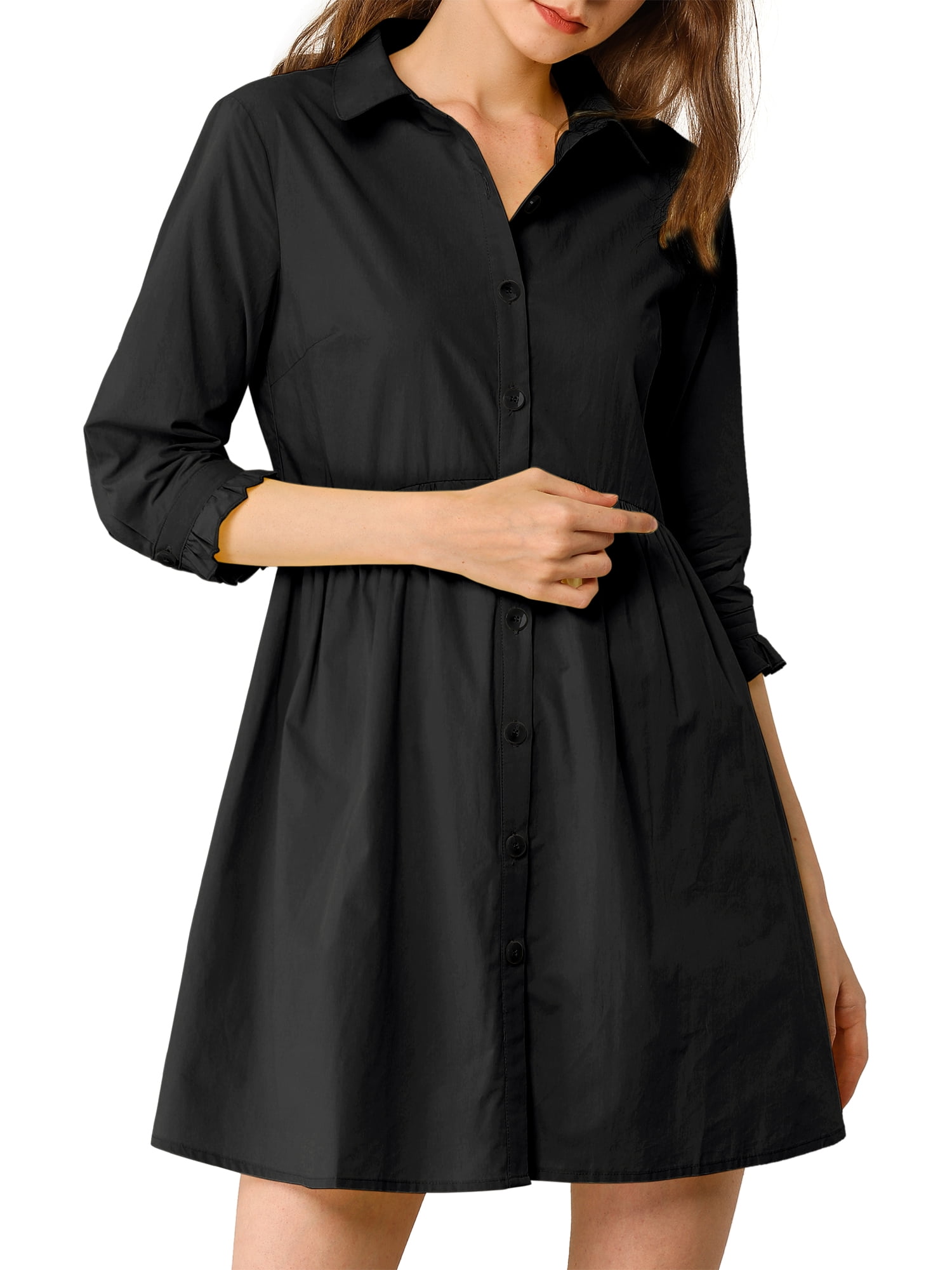 DARING DIVA Elegant Collar Flare 3/4 Sleeve Button Mini Shirt Dress M Black