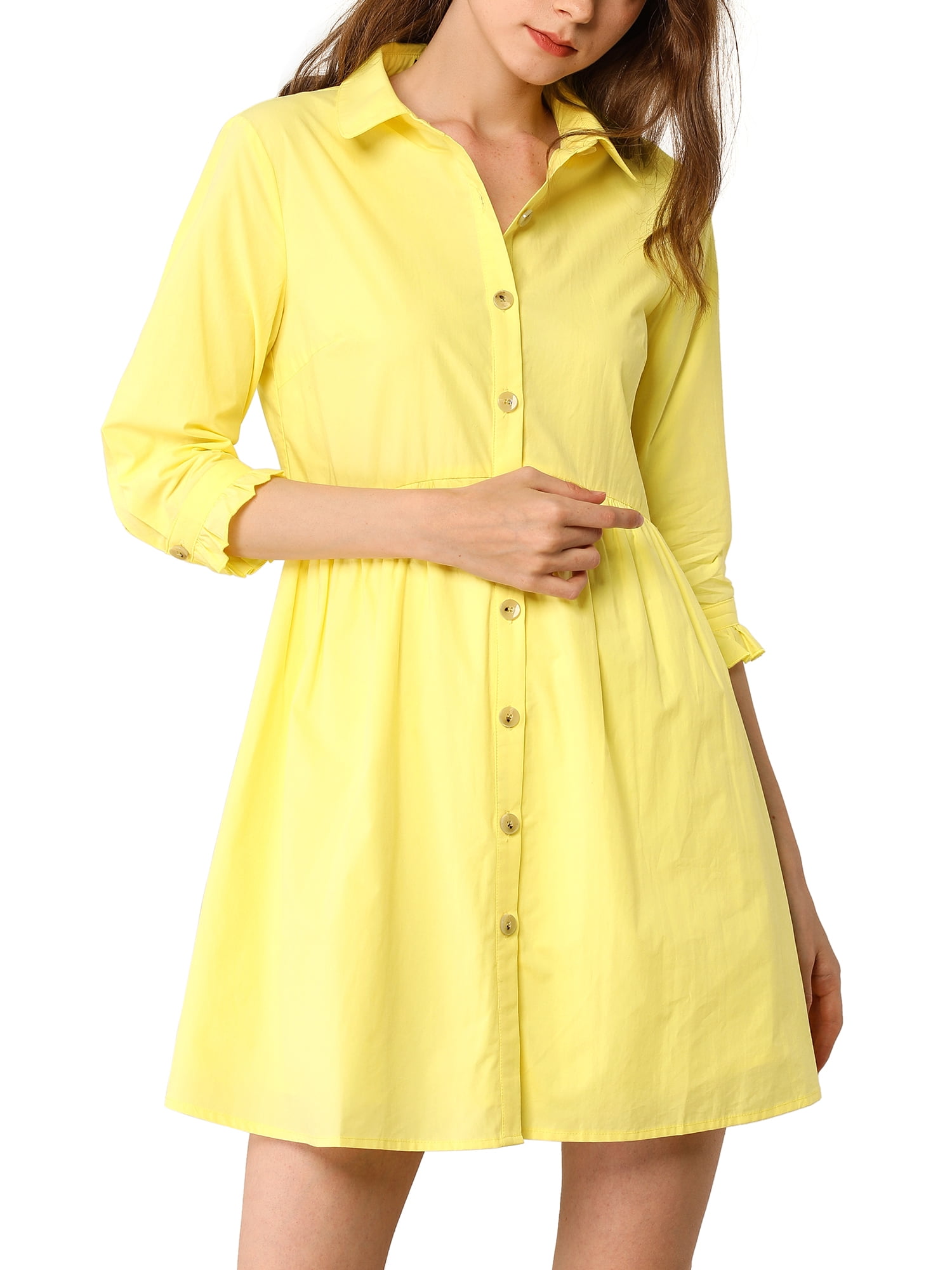 DARING DIVA Elegant Collar Flare 3/4 Sleeve Button Mini Shirt Dress M Lemon Yellow