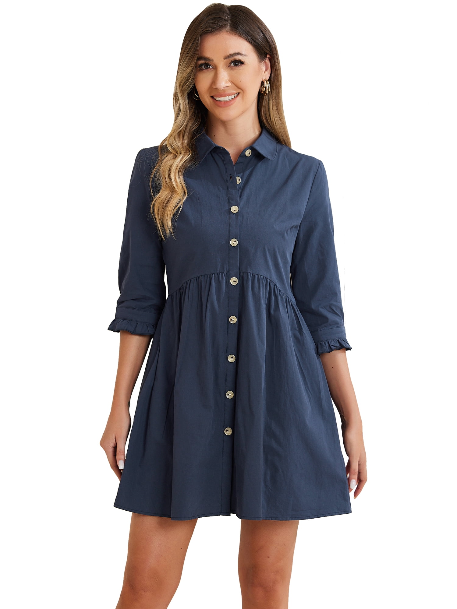 DARING DIVA Elegant Collar Flare 3/4 Sleeve Button Mini Shirt Dress M Navy Blue