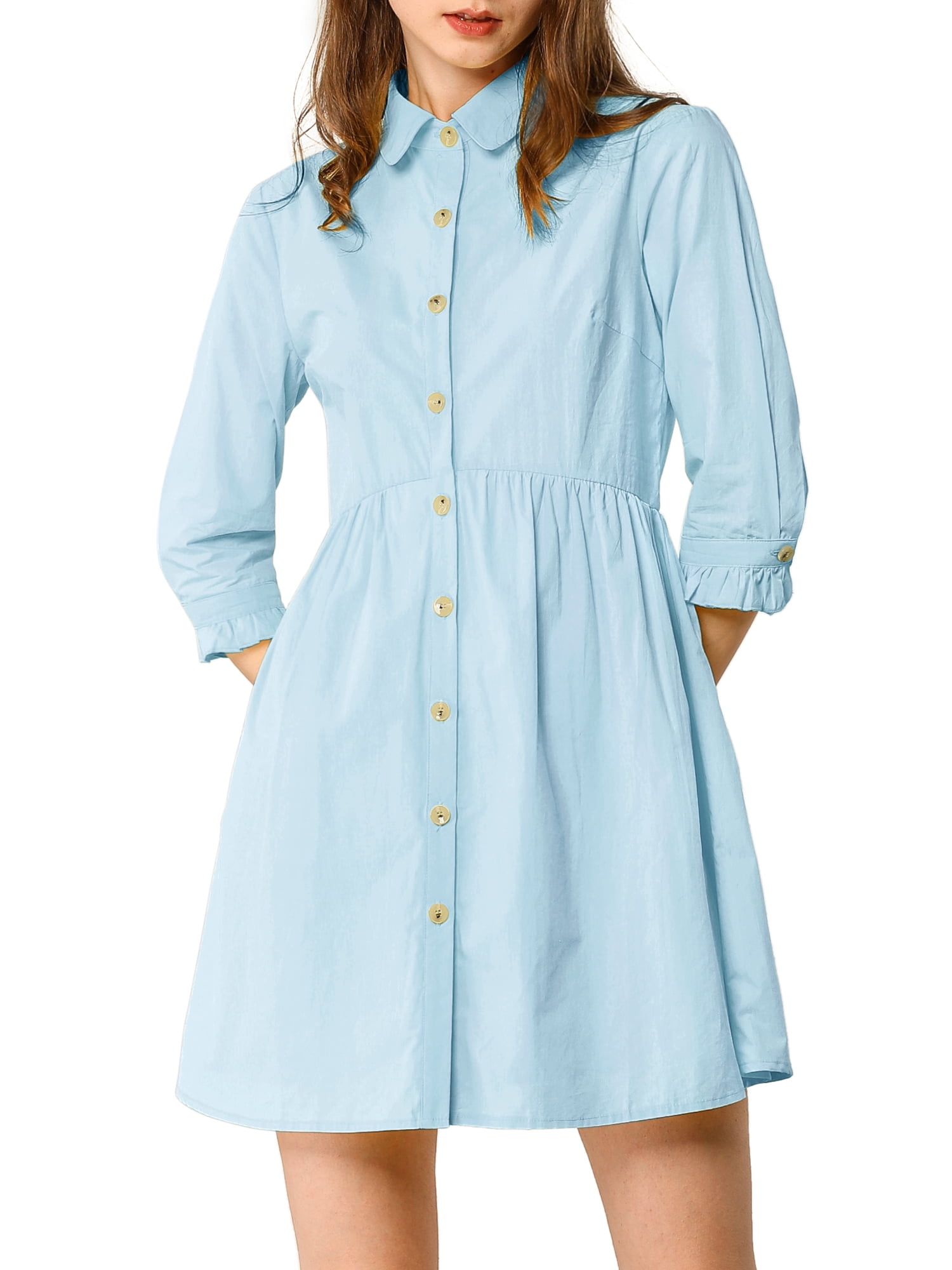 DARING DIVA Elegant Collar Flare 3/4 Sleeve Button Mini Shirt Dress S Blue