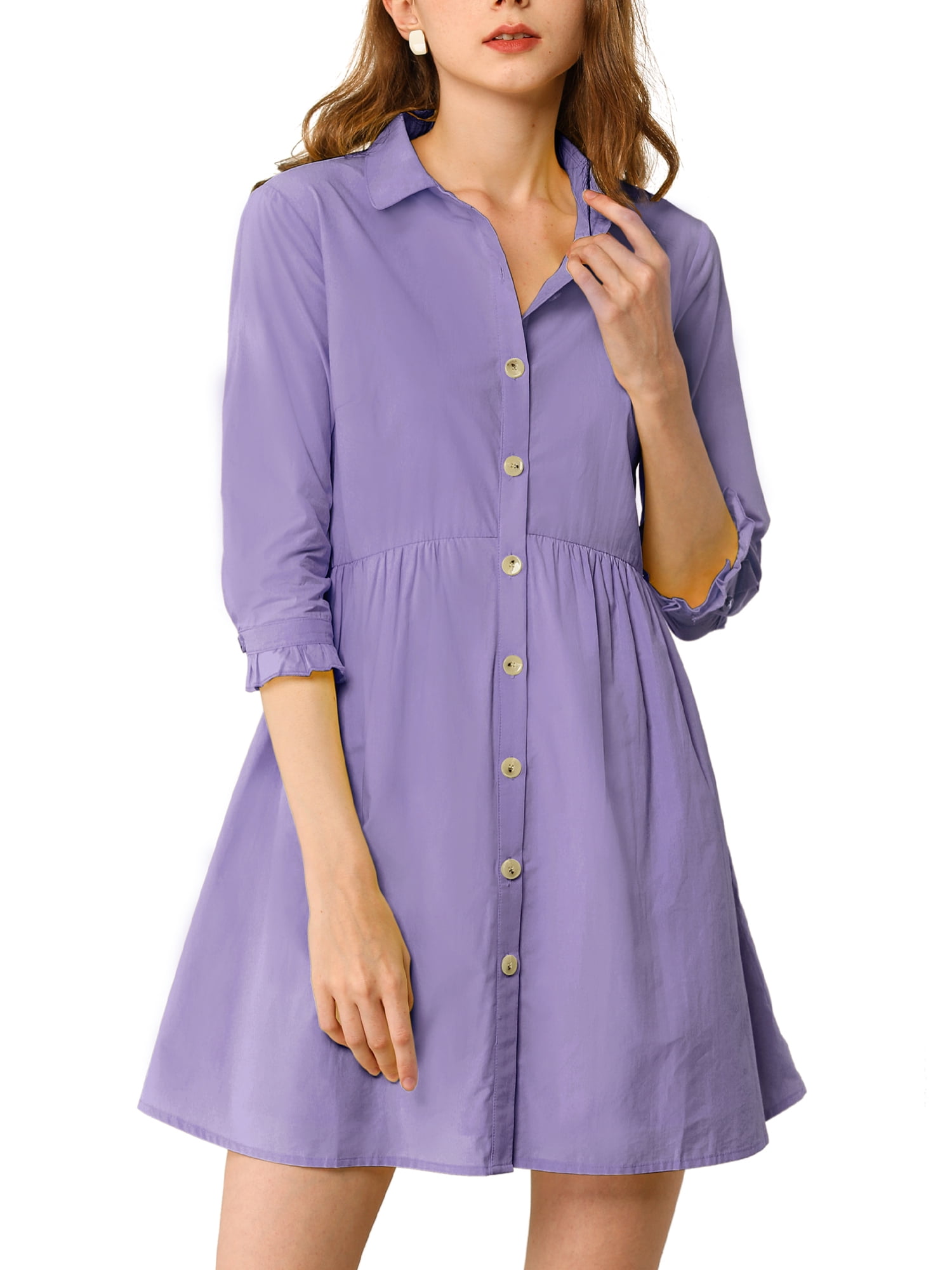 DARING DIVA Elegant Collar Flare 3/4 Sleeve Button Mini Shirt Dress S Purple