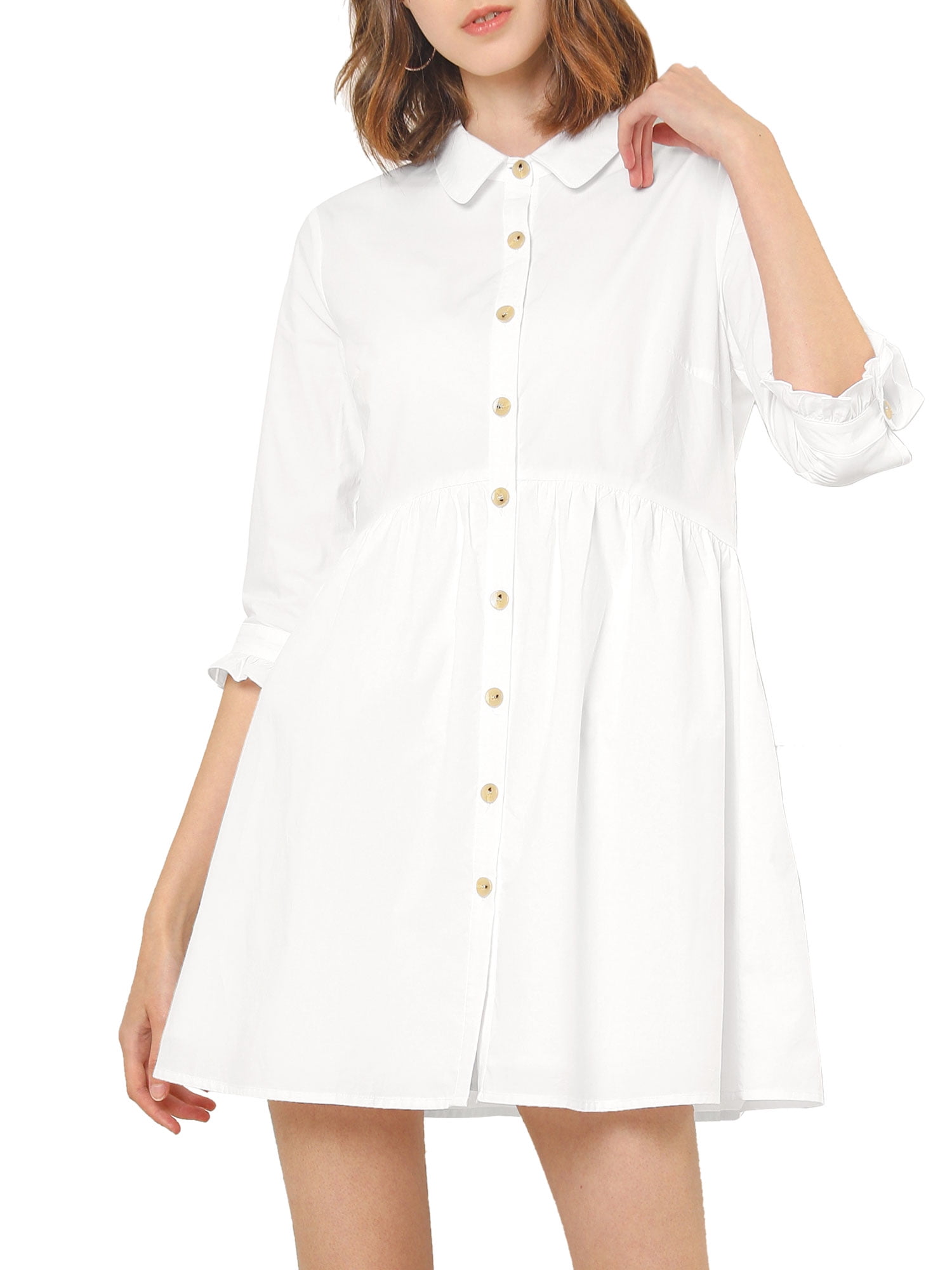 DARING DIVA Elegant Collar Flare 3/4 Sleeve Button Mini Shirt Dress S White