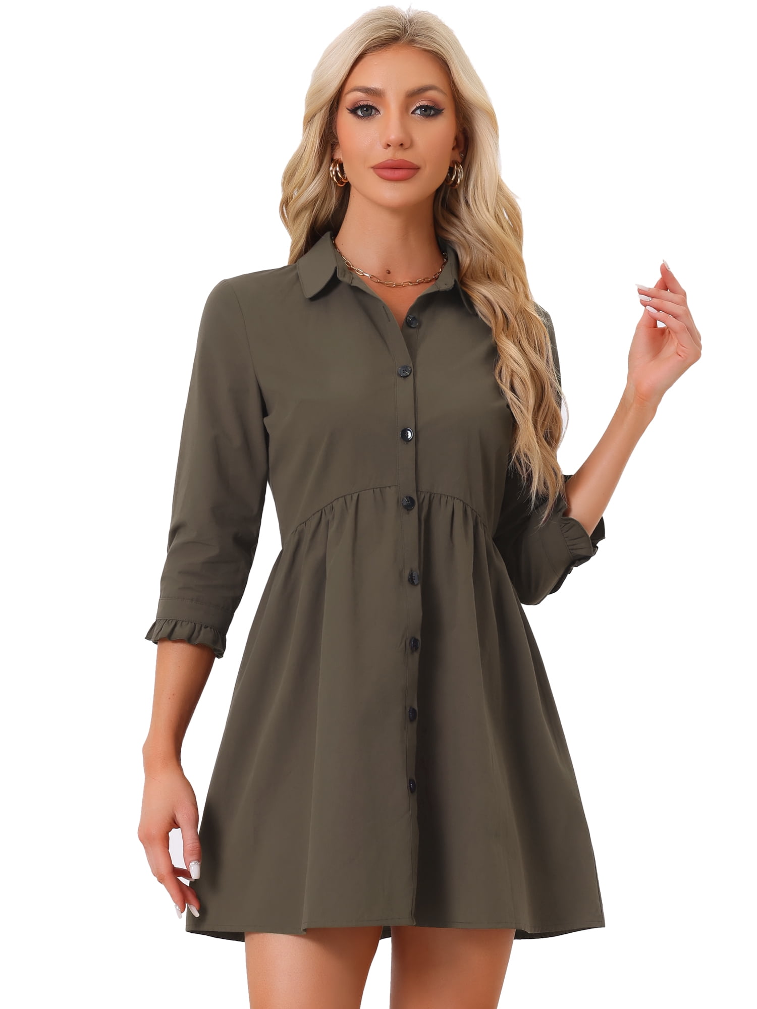 DARING DIVA Elegant Collar Flare 3/4 Sleeve Button Mini Shirt Dress XL Dark Brown