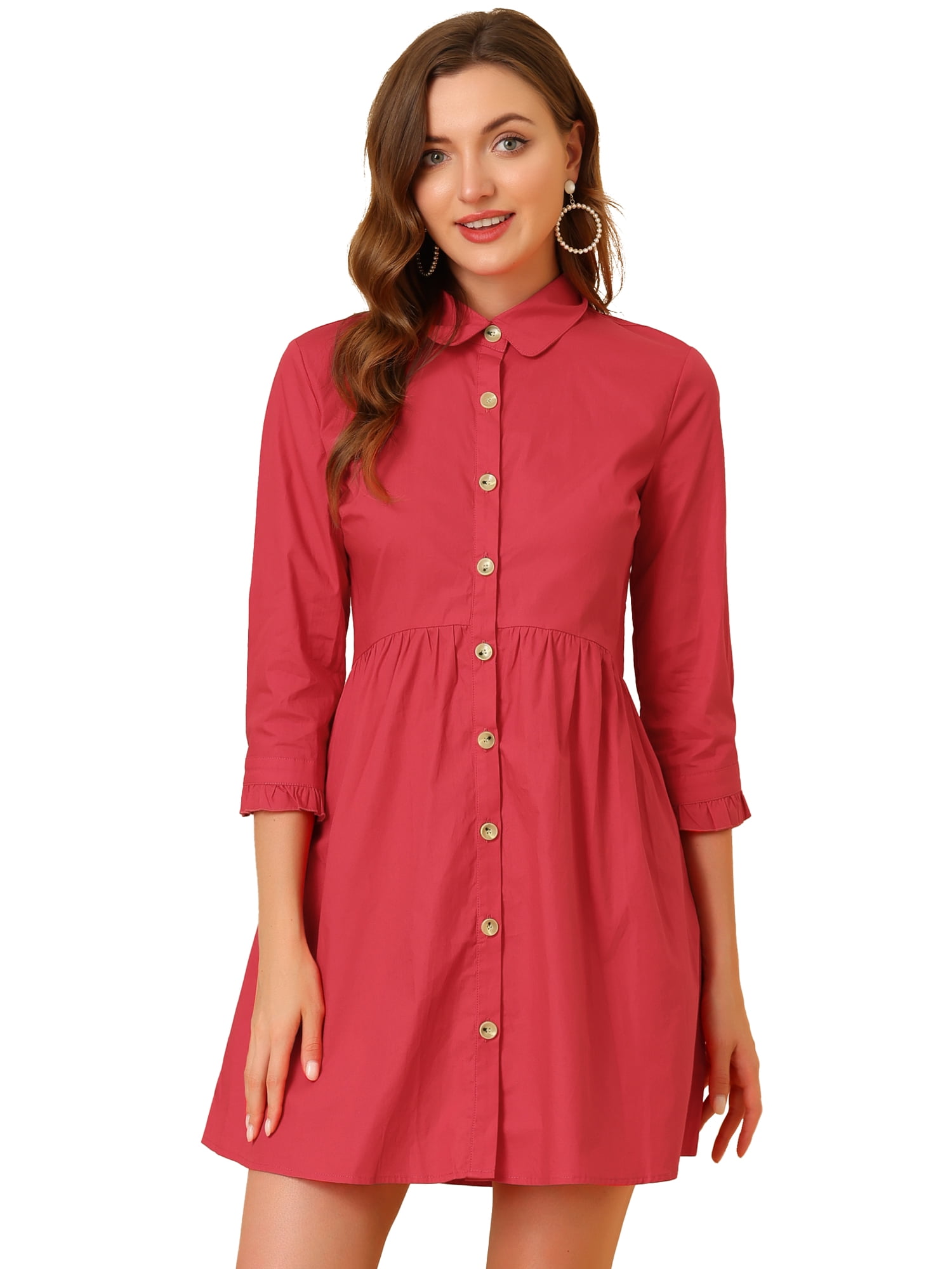 DARING DIVA Elegant Collar Flare 3/4 Sleeve Button Mini Shirt Dress XL Red