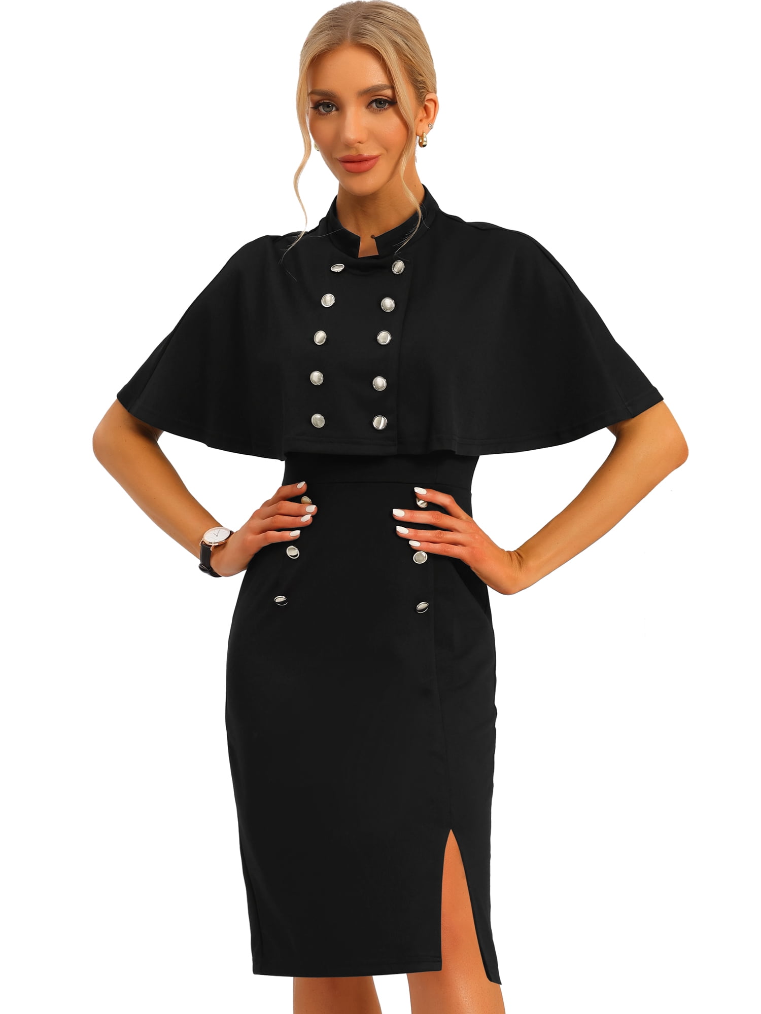 DARING DIVA Elegant Double Breasted Two Pieces Cape and Dress Sets L Black