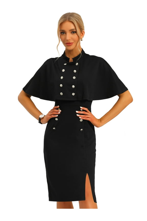 Elegant Double Breasted Two Pieces Cape and Dress Sets L Black