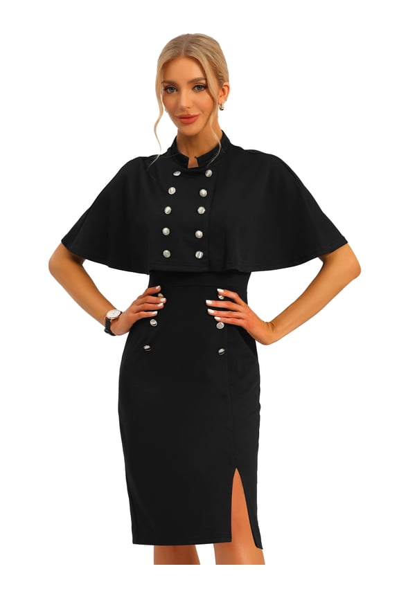 Elegant Double Breasted Two Pieces Cape and Dress Sets S Black