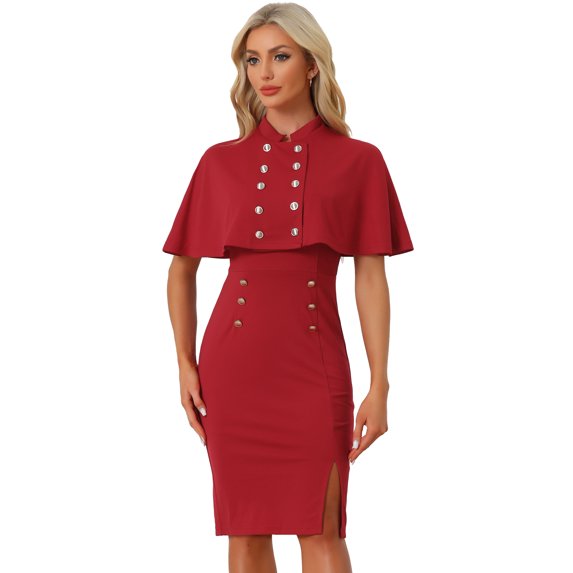 DARING DIVA Elegant Double Breasted Two Pieces Cape and Dress Sets S Red