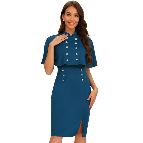 DARING DIVA Elegant Double Breasted Two Pieces Cape and Dress Sets XS Lake Blue