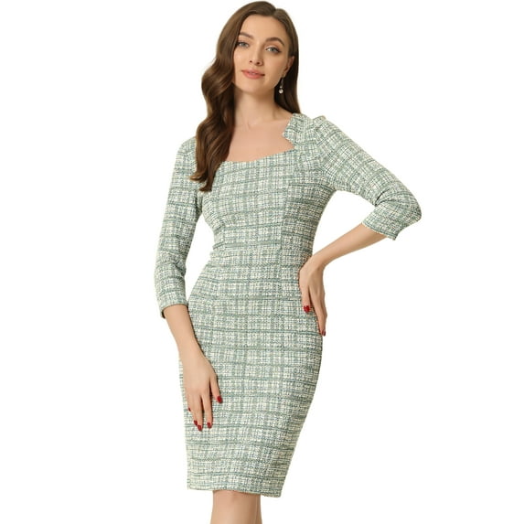 DARING DIVA Elegant Dress Plaid Tweed Bodycon Dress M Green