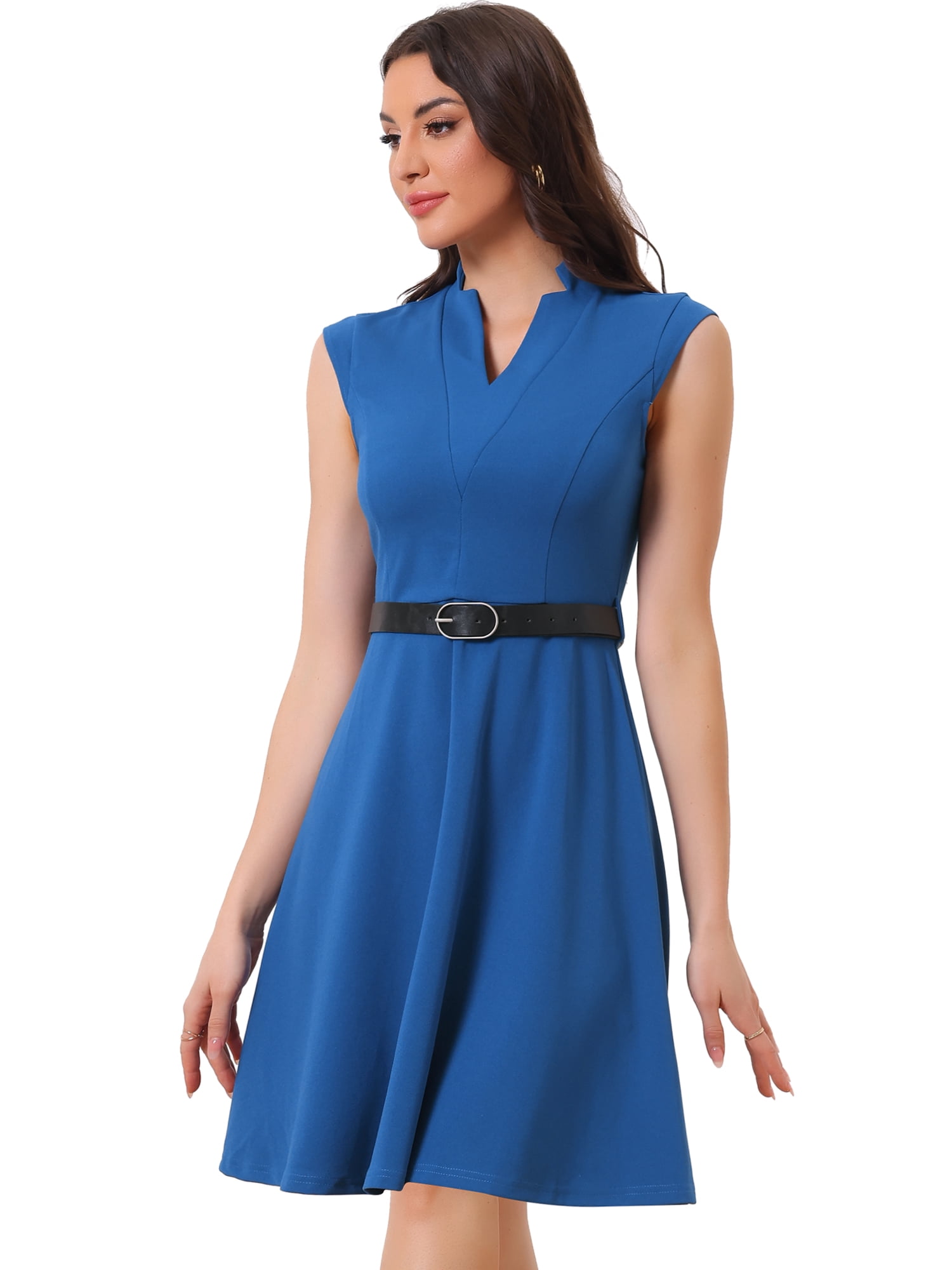 DARING DIVA Elegant Dress Split Neck Wear to Work Sleeveless Dresses L Blue