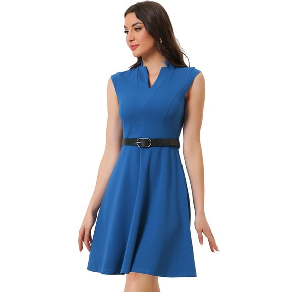 DARING DIVA Elegant Dress Split Neck Wear to Work Sleeveless Dresses L Blue