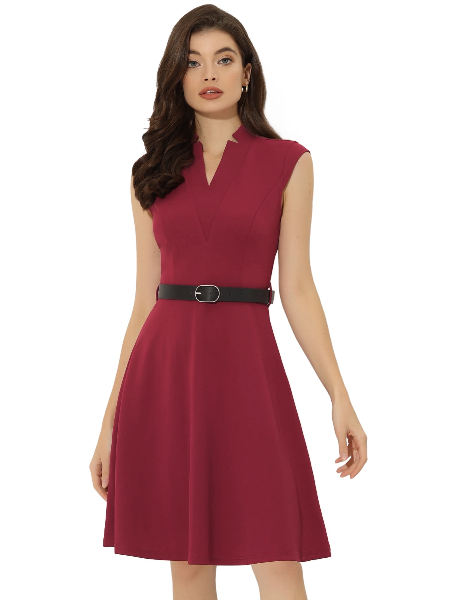 DARING DIVA Elegant Dress Split Neck Wear to Work Sleeveless Dresses L Wine Red