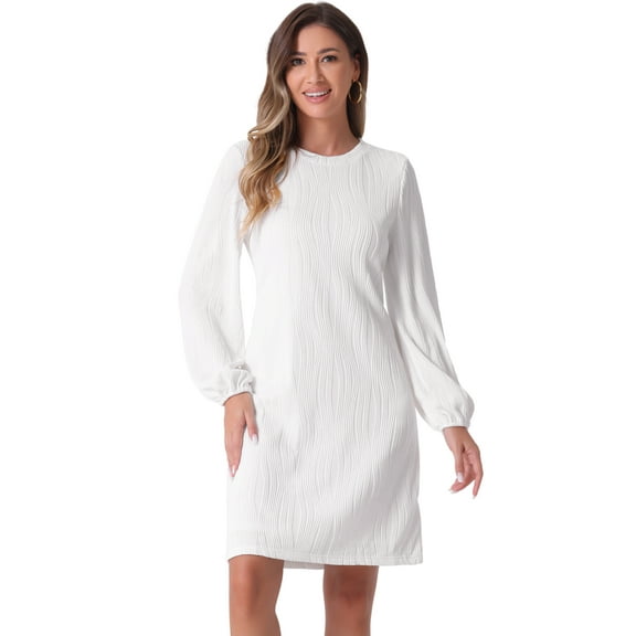 DARING DIVA Elegant Long Sleeve Textured Crew Neck Casual Dress M White